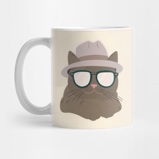 Chic Tabby: Minimalist Cat Art with Grey Hat & Sunglasses Mug